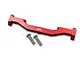 A red anodized aluminium front lower chassis brace for an RC car, accompanied by two silver metal screws, set against a plain white background.