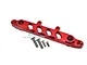 A red anodized aluminium front chassis brace for an RC car, shown with four included mounting screws on a white background.