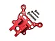 A red anodized aluminium front suspension link brace by GPM Racing, shown with three included mounting screws on a white background.