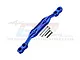 A blue anodized aluminium GPM Racing body post stabiliser brace with four included metal screws, shown against a white background.