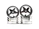 A set of four silver 5-spoke aluminium RC car rims stacked against a white background.