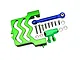 GPM Racing green aluminium servo mount and 25T servo horn set with blue steering link and various mounting screws on a white background.