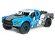 Losi Baja Rey Ford Raptor RC short course truck in blue, white, and grey livery with King Shocks branding on a white background.