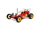 A studio shot of the Losi Mini JRX2 1/16 scale 2WD RC buggy in red with yellow wheels and a white rear wing.
