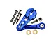 GPM Racing blue anodized aluminium 25T servo horn with attached linkage arm, mounting screws, washers, and a lock nut on a white background.