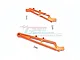 Two orange anodized aluminium chassis braces for an RC car, accompanied by three small metal screws, set against a white background.