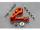 GPM Racing orange anodised aluminium servo horn and linkage set with various mounting screws and hardware on a grey background.