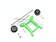 GPM Racing green aluminium wheelie bar kit for ARRMA Granite, including metal frame, two black wheels, axles, and mounting hardware.