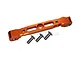 An orange anodized aluminium front upper suspension arm pin brace for ARRMA RC vehicles, shown with three matching mounting screws.