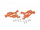 A pair of orange anodized aluminium front lower suspension arms for an RC car, with included mounting screws, against a white background.