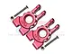 Two red anodized aluminium rear hubs for RC cars by GPM Racing, including mounting screws and nuts, displayed on a white background.