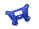 A blue anodized aluminium front shock tower for an RC car, featuring multiple mounting holes and laser-etched 7075-T6 markings.