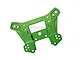 A green anodized aluminium front shock tower for an RC car, featuring multiple mounting holes and 7075-T6 branding.