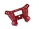 A red anodized aluminium front shock tower for an RC car, featuring multiple mounting holes and 7075-T6 branding.