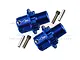 Two blue anodized aluminium +13mm wheel hex adapters with threaded shafts, pins, and grub screws on a white background.