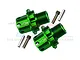 Two green anodized aluminium +13mm wheel hex adapters with matching pins and screws on a white background.