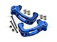 A pair of blue anodized aluminium C-hub steering carriers for RC cars by GPM Racing, including screws, nuts, and metal bushings.
