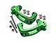 Two green anodized aluminium C-hub steering carriers for RC cars, with included screws, nuts, and bushings, displayed on a white background.