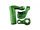 A set of green anodized aluminium RC servo saver components against a white background.