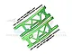 GPM Racing green anodized aluminium rear suspension arms for RC cars, including mounting screws and hardware, displayed against a branded background.