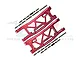 A pair of red anodized aluminium rear suspension arms for an RC car, including mounting screws and hardware, displayed on a white background.