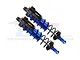 A pair of GPM Racing blue and black aluminium piggyback RC shock absorbers against a white background.