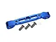 A blue anodized aluminium front upper suspension arm pin brace for ARRMA RC vehicles, shown with three included mounting screws.