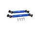 Two blue aluminium GPM Racing centre drive shafts with black universal joints and four small metal grub screws on a white background.