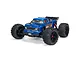 ARRMA Outcast 4x4 BLX 4S RC stunt truck in blue with large off-road tires and a detailed pickup truck body shell.