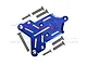 A blue anodized aluminium front skid plate for an RC car, branded GPM, with several included mounting screws on a white background.