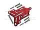 A red anodized aluminium front skid plate for an RC car by GPM Racing, shown with several included mounting screws on a white background.