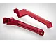 Two red anodized aluminium RC chassis braces from GPM Racing, shown from different angles on a white background.