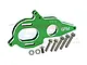 A green anodized aluminium motor mount plate for RC cars, featuring GPM branding and 7075-T6 markings, accompanied by several metal screws and washers.
