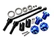 GPM Racing hardened steel CVD driveshafts, blue aluminium wheel hexes, and wheel nuts with bearings and hardware on a white background.