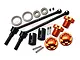 GPM Racing hardened steel CVD driveshaft set with orange aluminium wheel hexes, wheel nuts, bearings, and hardware for RC cars.
