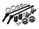 GPM Racing hardened steel CVD driveshaft set with grey aluminium wheel hexes, wheel nuts, bearings, and hardware on a white background.