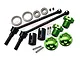 GPM Racing hardened steel CVD driveshafts with green aluminium wheel hexes, wheel nuts, bearings, and hardware on a white background.