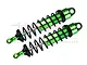 Two green and black adjustable aluminium RC shock absorbers with black springs and silver shafts, shown against a white background with a faint GPM logo.