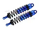 Two blue GPM Racing adjustable aluminium RC shock absorbers with black springs and shafts, isolated on a white background.