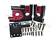 GPM Racing black and red aluminium motor mount set for Traxxas Sledge with included screws and washers on a white background.