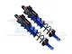 A pair of GPM Racing blue and black aluminium piggyback shock absorbers for RC cars, featuring adjustable collars and black coil springs.
