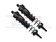 Two black GPM Racing aluminium piggyback shock absorbers for RC cars, featuring coil springs and silver shafts, set against a white background.