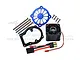 GPM Racing blue aluminum motor cooling fan assembly with black fan, mounting bracket, and hardware on a white background.