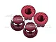 Four red anodized aluminium 17mm serrated wheel nuts for RC cars by GPM Racing, featuring laser-etched branding and material specifications.
