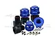 A set of GPM Racing blue aluminium wheel hex adapters and nuts with pins and grub screws on a white background.