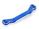 A blue anodized aluminium steering link for RC cars by GPM Racing, featuring machined edges and engraved text on a white background.