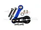 GPM Racing black aluminium 23T servo horn with blue tie rod and mounting hardware on a white background.