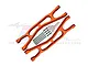 Two orange anodized aluminium RC suspension arms with metal pins and washers, set against a white background with a faint GPM logo.
