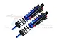 Two GPM Racing blue and black aluminium piggyback shock absorbers for RC cars, featuring black springs and red adjustment collars.