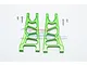 Two green anodized aluminium front lower suspension arms for RC cars, accompanied by four small metal screws, displayed on a white background.